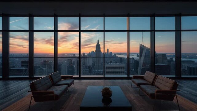 Modern lounge with floor to ceiling window and city skyline at sunset calm interior seating