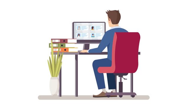 Professional businessman sitting at office desk reviewing employee candidate profiles on a modern computer monitor screen