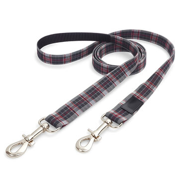 Double ended dog leash in black red and gray plaid with silver clips isolated on white background