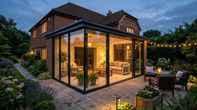 Modern conservatory extension on brick house with garden patio and outdoor seating at dusk