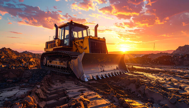 Heavy Duty Bulldozer Working on Construction Site at Sunset.