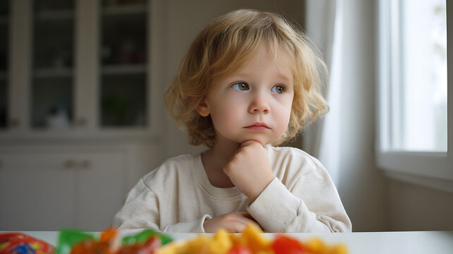 Thoughtful toddler with curly blonde hair and blue eyes, hand on chin, look away, seated at a table indoors during daytime, deep thought or wonder