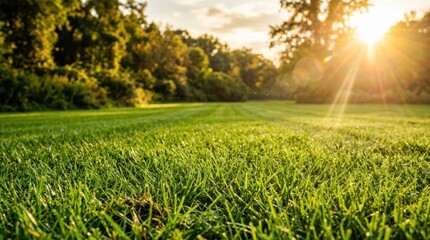 Obraz premium Lush green grass field with sunbeams shining through trees at sunset, low angle view
