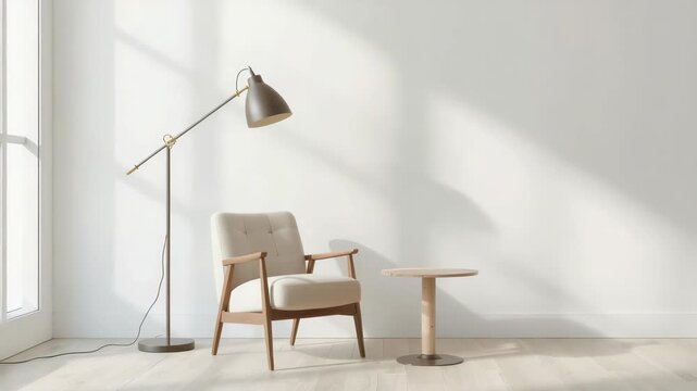 Sunlit midcentury armchair lounge chair with floor lamp and side table, serene minimalist warmth