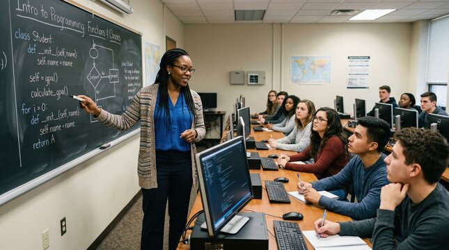 Teacher explaining programming code on a blackboard to students in a computer lab classroom