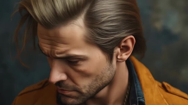 Young man portrait contemplative side view textured hair brown jacket intense bearded man furrowed