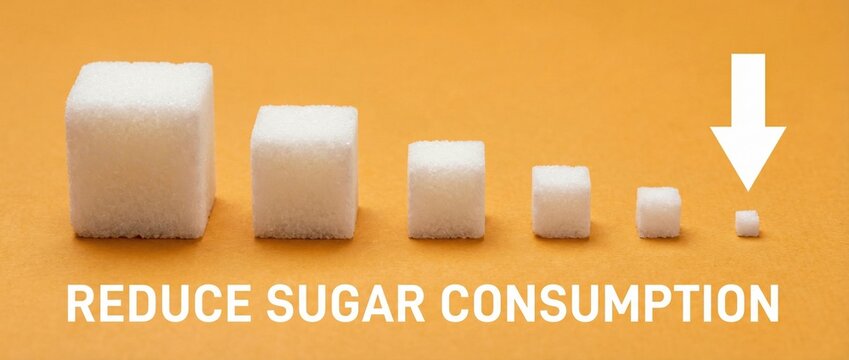 Sugar cubes decreasing in size with a downward arrow indicating reduction in consumption