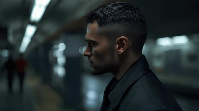 Man portrait subway platform coat profile brooding pensive cinematic mood on dim platform