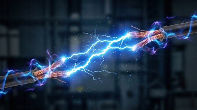 Electrical energy arc between frayed copper wires with blue and purple lightning sparks, representing power and connection