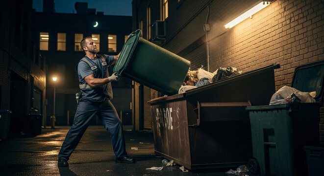Sanitation worker in work clothes, working at night, disposing of trash in a dumpster with a garbage can in a dark alleyway behind buildings with illuminated windows, creating a street scene