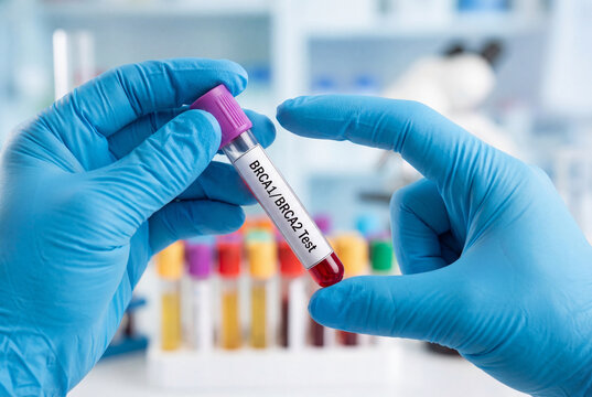 Scientist gloved hands holding test tube labeled brca1 brca2 test for genetics