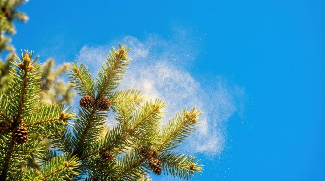 Pine tree branches with cones releasing pollen into the bright blue sky during springtime
