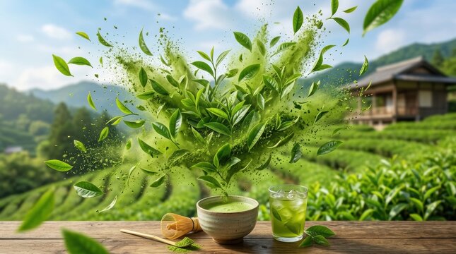 Matcha tea powder and leaves exploding with a bowl and glass of green tea in a tea plantation