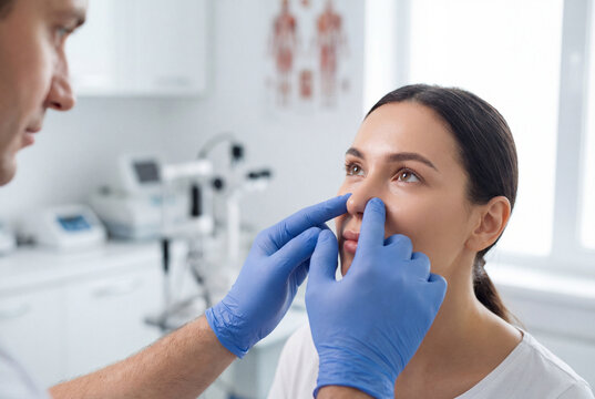 Male doctor examining a female patient nose during a consultation for rhinoplasty surgery