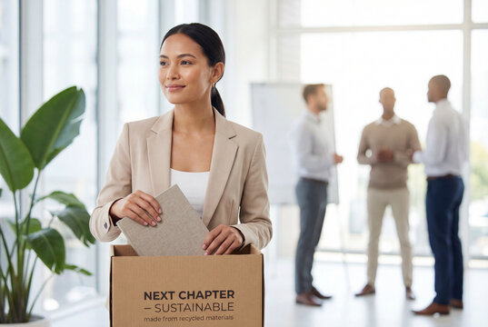 Businesswoman packing a box with her belongings after leaving a job for a new career chapter