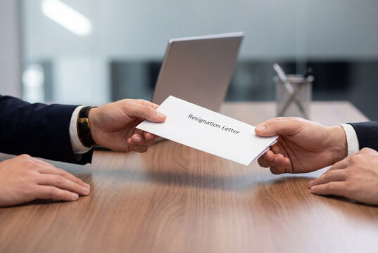 Employee giving a resignation letter to a manager over a wooden desk in an office setting