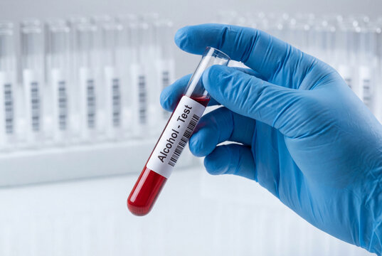 Gloved hand holding a blood sample tube for an alcohol test in a laboratory