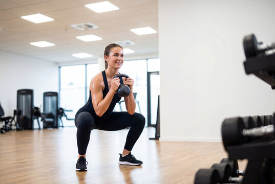 Smiling woman in athletic wear performing a goblet squat with a kettlebell in a gym