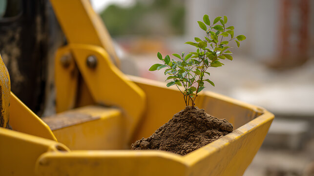 Vibrant young sapling on a mound of rich earth, carefully cradled within the bright yellow bucket of heavy construction equipment, symbolizing growth and new beginnings amidst industrial development a