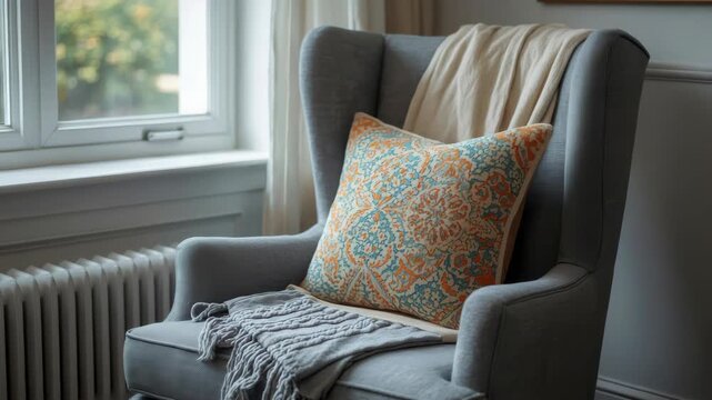 Cozy armchair by window with patterned pillow and throw, ornate orange blue cushion and soft