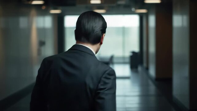 Solemn businessman suit and tie glancing over his shoulder modern office corridor profile