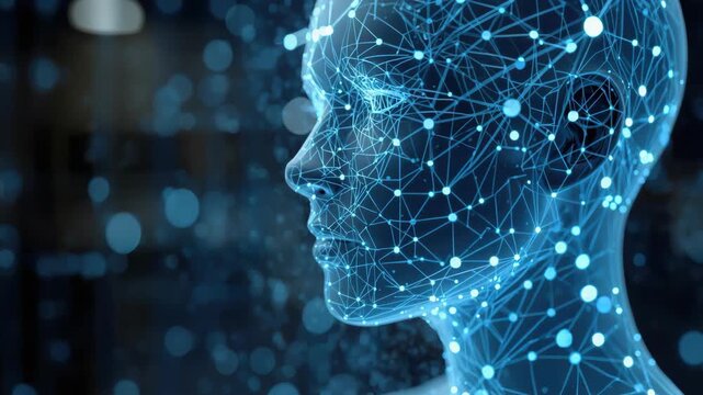 Digital network human profile glowing node network head with glowing neural connections futuristic