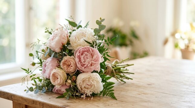 Bouquet features peonies and green leaves arranged on a wooden table in a well-lit room with natural light coming through the windows.