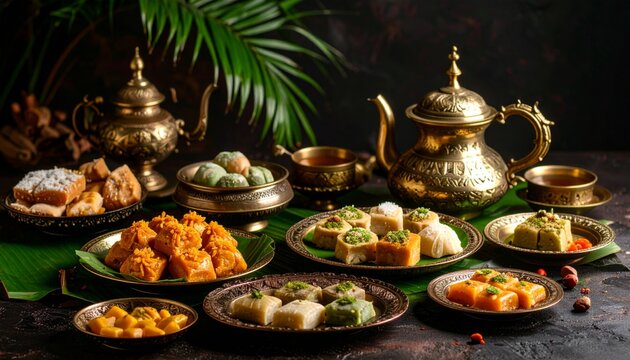 Chiaroscuro Still Life: An Opulent Feast of Indian Sweets and Ornate Brass Teaware