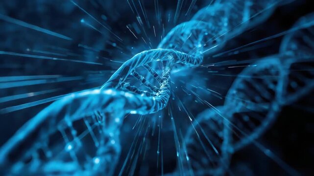 Blue molecular genetic science blue DNA double helix strand glowing in dynamic motion