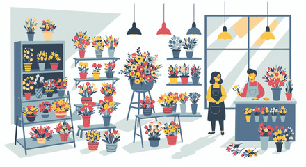 Fototapeta premium Flower shop interior illustration with flowers on display and shop assistants