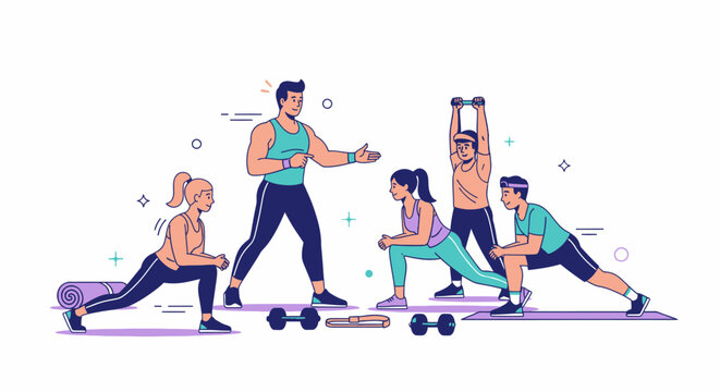 Fitness training illustration group with instructor demonstrating exercises