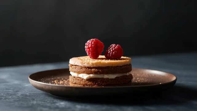 Small layered chocolate biscuit cake with cream filling raspberries elegant dessert presentation