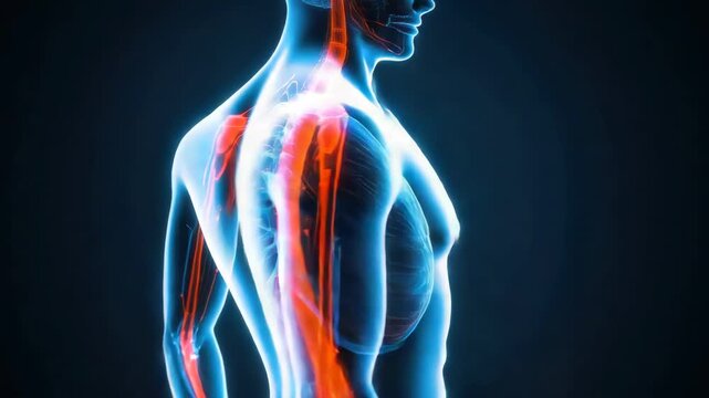 Glowing translucent human torso with highlighted spine, spinal cord and nervous system vertebra