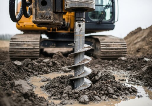 Heavy duty excavator drill working in tough muddy conditions preparing the ground for construction.