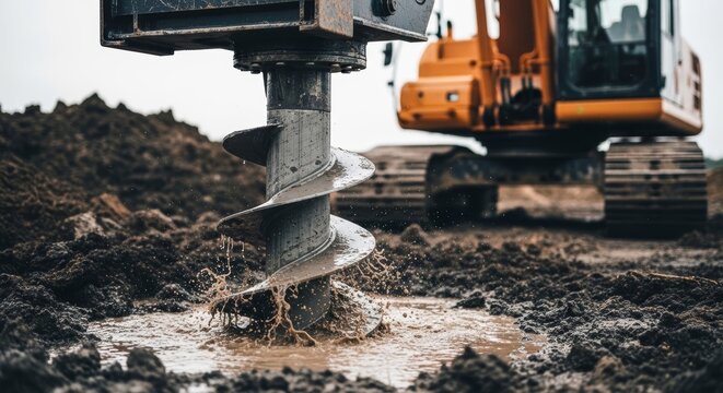 Industrial earth auger attached to a yellow excavator covered in wet mud during foundation drilling.