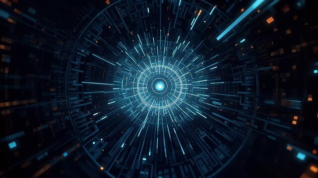 Futuristic glowing circular data tunnel with radiant center and dynamic blue light motion