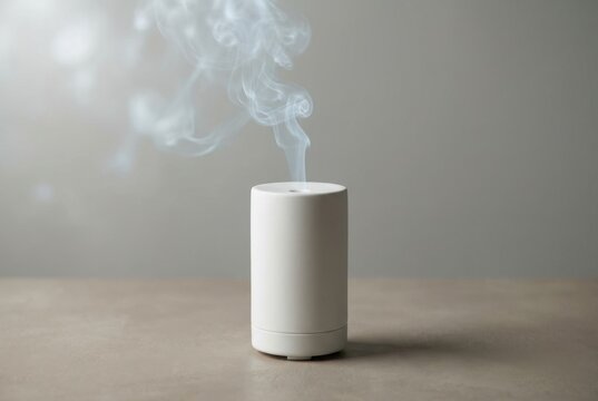 White humidifier emitting mist on table. Ultrasonic aroma diffuser releasing vapor for air purification. Essential oil appliance for aromatherapy, home wellness and moisture control.