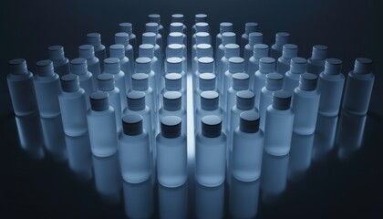 Fototapeta premium Rows of plastic cosmetic bottles arranged in a grid with dramatic backlighting. Skin care product packaging for beauty industry. Clean minimal design for chemical or medical supply.