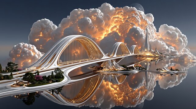 Surreal fantasy civilization floating under golden cloud arc high resolution picture