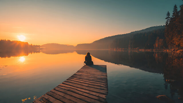 A person sitting on a dock by a lake at sunset, gazing at the calm water.