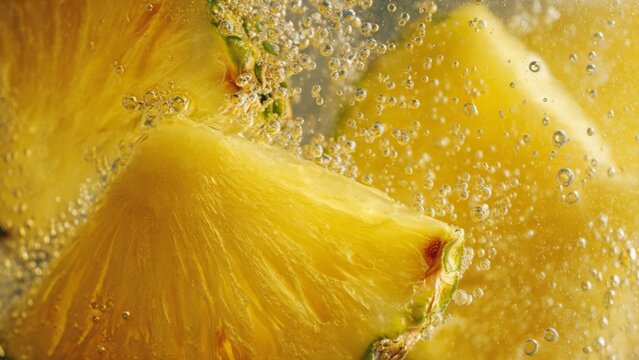 Fresh Pineapple Slices in Sparkling Water with Air Bubbles