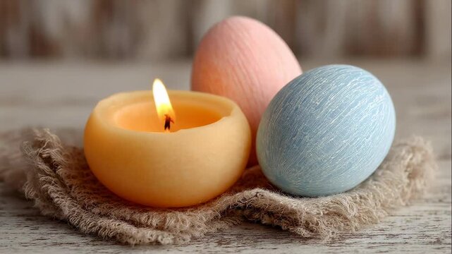 Candles glow beside pastel colored eggs on rustic surface. Setting shows spring theme with natural elements. Concept of home decor, holiday celebration, gift shop