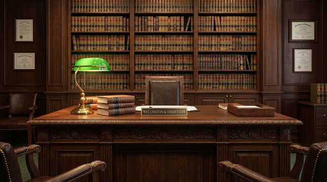 Classic wooden desk with green lamp in a law library office