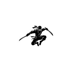 Dynamic ninja warrior silhouette leaping with dual swords, showcasing agility, stealth, and combat skills in bold black design © Yayagisawa