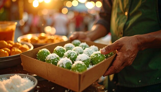 Vendor's Hands Presenting Fresh Klepon Sweets at a Golden Hour Market Stall