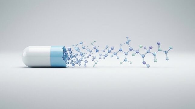 A capsule is dissolving and releasing molecules in a smooth transition, showing the process of deconstruction in clear detail.