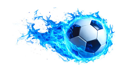 Naklejka premium Intense soccer ball enveloped in vibrant blue mystical fire energy creating a dynamic visual effect for sports media&nbsp;