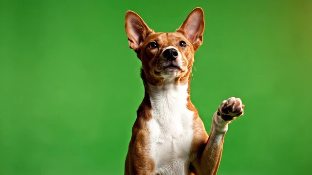 Curious Basenji Dog Pawing Gesture Looking Up Green Screen
