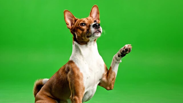 Basenji Dog Sitting and Paw Gesture Curious Look Green Screen