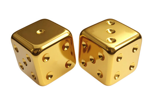 Pair of gleaming metallic gold game dice, beautifully rendered in 3d, representing risk, opportunity, and the thrill of chance, isolated for card game design&nbsp;